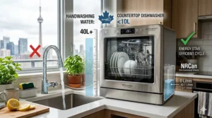 Graphic comparing water consumption of handwashing versus an Energy Star certified best countertop dishwasher saving water for Canadian eco-conscious households.