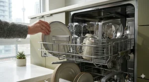 Infographic comparing water savings of an Energy Star certified compact dishwasher for condo living versus traditional handwashing.