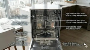 Eco-friendly illustration highlighting energy efficiency and water-saving metrics of an ENERGY STAR certified full size portable dishwasher in Canada.
