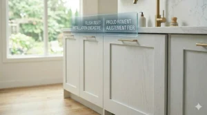 Architectural side view illustration contrasting a seamless flush mount cabinet installation with a traditional fit for a luxury panel ready dishwasher.