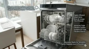 Illustration of a full size portable dishwasher featuring a durable wood butcher block top used as extra kitchen counter space.