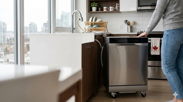 A stainless steel full size portable dishwasher on wheels connected to a kitchen faucet in a modern Canadian apartment with a cityscape view.