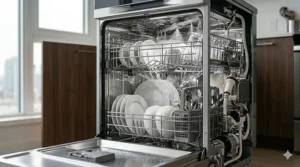 Interior view illustration of a full size portable dishwasher loaded with a complete 10 place setting capacity of dishes and cutlery.