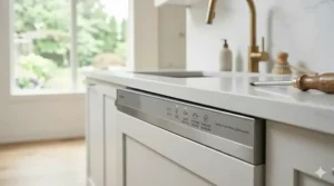 Close-up illustration of the hidden digital top control panel on a luxury panel ready dishwasher featuring sleek touch controls and cycles.