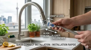 Line drawing illustration demonstrating how to hook up a quick-connect hose adapter from a portable countertop dishwasher to a standard kitchen sink tap.