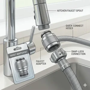Close-up diagram showing a chrome quick-connect hose adapter snapping onto a standard kitchen faucet for a portable dishwasher under 500 dollars, with a separate adapter kit shown in packaging.