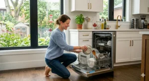 A top-down infographic showing the most effective way to load dishes into a dishwasher for optimal cleaning and energy efficiency.