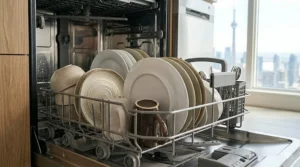 Detailed graphic illustration of adjustable racks filled with dishes inside an 18in compact built-in dishwasher.