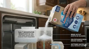 Illustration of adding regeneration salt into a dishwasher for hard water to protect appliances from calcium scaling.