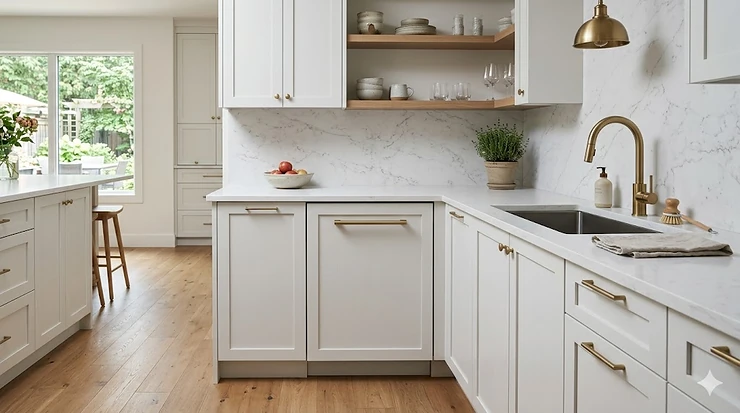 Fully integrated luxury panel ready dishwasher seamlessly blending with minimalist white custom cabinetry in a modern, open-concept Canadian home kitchen design.