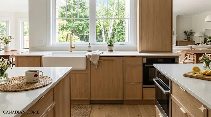 Alt text for image 1: High-end integrated Canadian kitchen featuring a seamless panel ready dishwasher built into custom white oak cabinetry.
