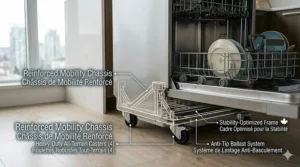Vector graphic illustrating how a full size portable dishwasher rolls smoothly on wheels for easy storage in small Canadian homes.