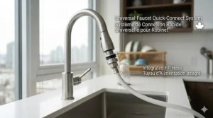 Close-up illustration of a universal quick-connect faucet adapter kit for a full size portable dishwasher with English and French instructions.