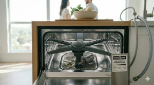 Close-up shot of the interior stainless steel tub, spray arm, and base filtration system of a premium portable dishwasher model in Canada.