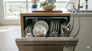 Interior view of a top-rated portable dishwasher lower rack fully loaded with white plates, mugs, and a cutlery basket, showing a Canadian EnerGuide label.