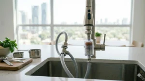 Front-facing photorealistic detail of a quick-connect bypass mechanism attached to a kitchen faucet, ideal for the best portable dishwasher configurations.