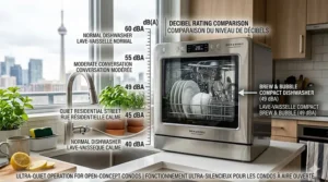 Sound level comparison chart highlighting ultra-quiet operation features of the best countertop dishwasher running below 52 decibels.