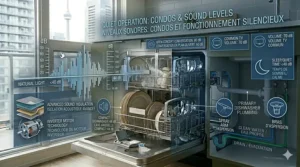 Noise level illustration highlighting a quiet 44 dB compact dishwasher for condo spaces with open concept floor plans.