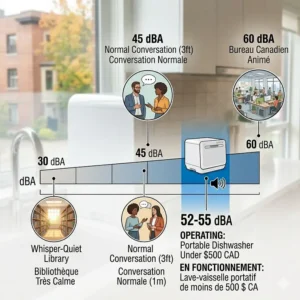 Technical decibel sound level chart, featuring bilingual English and French labels, comparing a quiet portable dishwasher under 500 dollars (52-55 dBA) to a busy Canadian office environment.