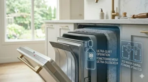 Layered architectural illustration showing multi-stage sound insulation blankets that deliver whisper-quiet operation in a luxury panel ready dishwasher.