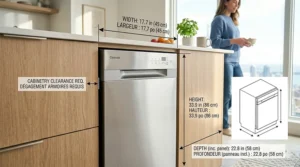 Line-art diagram showing dimension comparison between standard and a compact built-in dishwasher to maximize cabinet storage in small spaces.