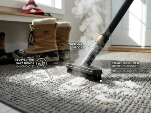 Illustration of a high-temperature steam cleaner dissolving hardened white salt stains on a carpet surface.