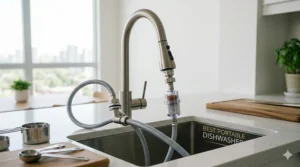 Close-up photo of a quick-connect faucet adapter and dual-hose mechanism connected to a sleek kitchen tap for a portable dishwasher.