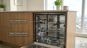 Cutaway schematic illustration showing the internal three-stage filtration system and self-cleaning filter of an 18-inch compact built-in dishwasher with bilingual labels.