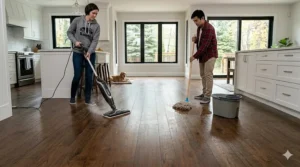 Infographic showing how excess water from a traditional mop can pool between hardwood floor planks, risking moisture damage to Canadian timber flooring.
