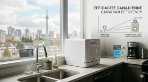 Infographic displaying the low water and electricity consumption of an energy efficient countertop dishwasher for 2 people in Canada compared to traditional models.