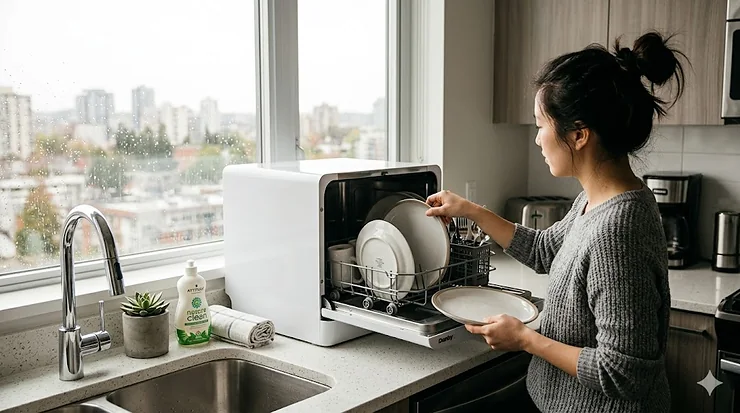 Compact countertop dishwasher for 2 people sitting on a bright modern kitchen island next to a sink in a Canadian condo apartment, with a person loading dishes.