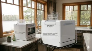 Dimension layout showing height, width, and tank capacity clearances required for a standard countertop dishwasher for 2 people in inches.
