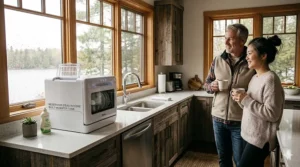 A small countertop dishwasher for 2 people sitting on a rustic wooden counter in a Canadian vacation cottage while a mature couple enjoys coffee.