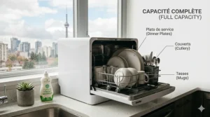 Technical illustration showing the interior capacity of a countertop dishwasher for 2 people holding two sets of dinner plates, bowls, glasses, and cutlery, with bilingual labels.