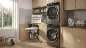 Infographic highlighting a high-value stackable washer dryer under 2000 priced for Canadian shoppers.