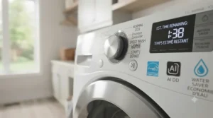 Illustration of the automated detergent dispenser drawer on a large capacity front load washer.