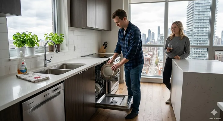 Dimensions of a space-saving 18-inch built-in dishwasher for condo kitchens with limited cabinet space.