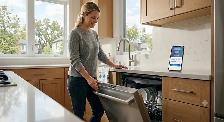 A stainless steel smart appliance integrated into a modern kitchen, highlighting the best WiFi dishwasher available in Canada with mobile app control.