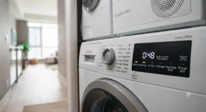 Close-up illustration of a bilingual English and French control panel on a stackable washer dryer for condo living in Quebec.