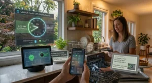 Ecosystem diagram showcasing how a modern dishwasher works with Alexa and Google Home platforms alongside other Canadian smart home automation devices.