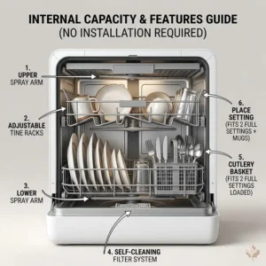Interior view illustration displaying the dish capacity of a compact dishwasher no installation required, perfectly sized for singles or couples.