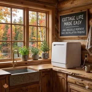 A portable countertop dishwasher no installation required inside a rustic Canadian cottage or chalet kitchen.
