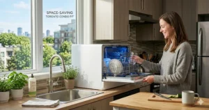 Illustration of the most efficient countertop dishwasher fitting perfectly under standard kitchen cabinets in a compact Toronto high-rise condo.