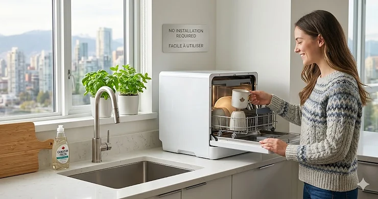 A sleek countertop dishwasher no installation required running on a kitchen counter in a modern Canadian apartment.