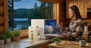 Cozy Canadian lakeside cottage kitchen displaying the most efficient countertop dishwasher with a built-in water tank running without a direct hookup.
