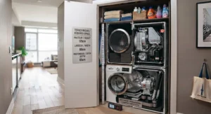 Dimensional sizing chart illustration measuring clearance requirements for a stackable washer dryer for condo tight closets.