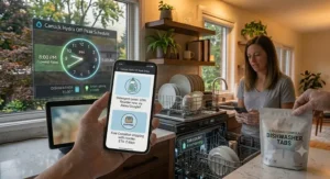 Digital illustration of a smart dishwasher that works with Alexa and Google Home to automatically track and reorder dish tabs for Canadian delivery.