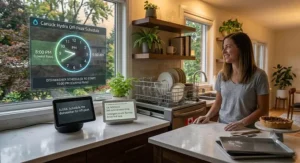 Graphic showing how a smart dishwasher works with Alexa and Google Home to schedule eco-friendly washes during off-peak hydro hours in Canada.
