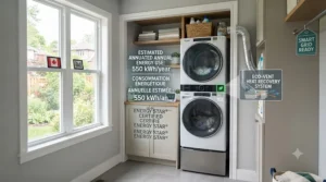 Illustration showcasing an energy-efficient stackable washer dryer pair with eco-friendly icons.
