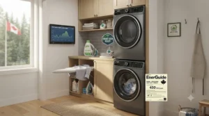 Vector graphic showing an energy-efficient stackable washer dryer helping reduce Canadian utility bills.